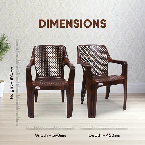 Image of AVRO Furniture Signature Heavy Duty Plastic Chair for Home, Office & Outdoor, Solid Back Support, Comfortable Seating with Arm, Ergonomic and Stackable, Pre-Assembled, 150 Kg Capacity, Set of 2, Brown
