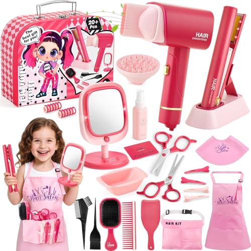 Toylink Hairdressing Set for Girl Pretend Makeup Sets for Girls with Hair Dryer Straightener Mirror Scissors and Storage Case Role Play Kids Make Up Girls Toys Age 3 4 5 6 7 8