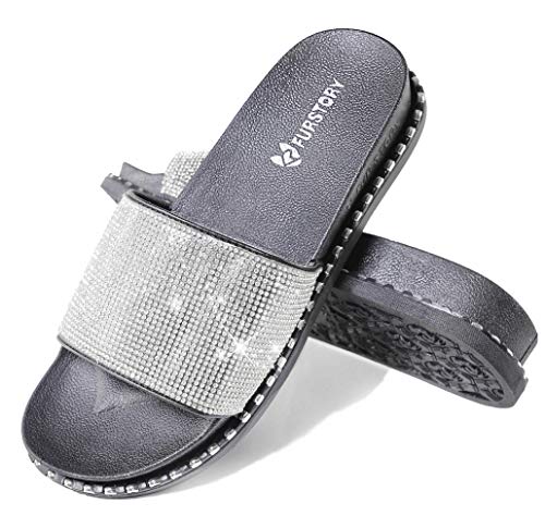 Fur Story Womens Slides House Slippers Rhinestone Glitter Slides Cozy Bedroom Slippers Shower Shoes Cute Slippers For Women Platform Sandals #TOP9