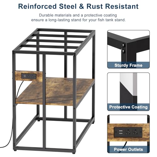 Image of Urban Deco 40 Gallon Fish Tank Stand with Power Outlets, 660LBS Capacity Aquarium Stand, Metal Fish Tank Stand Dual-Layer Design Terrarium Stand, Rustic Brown