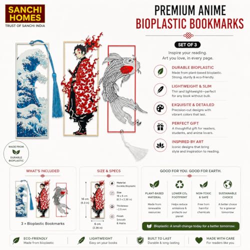 Image of Set of 3 Premium Bookmarks | Great Wave Hokusai Art Inspired, Anime Inspired & Koi Fish | Elegant Frame with Tassel | Perfect Gift for Readers & Collectors | Durable Bioplastic (Combo Set of 3)