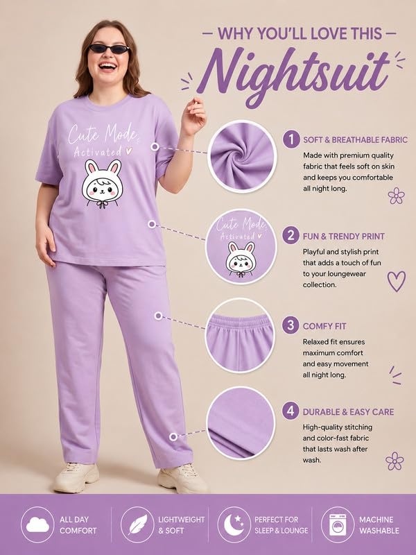 Image of My Swag Womens Nightsuit Set | Cute Bunny Graphic Print T-Shirt & Pajama | Soft Breathable Sleepwear and Loungewear Co-Ord Set for Women