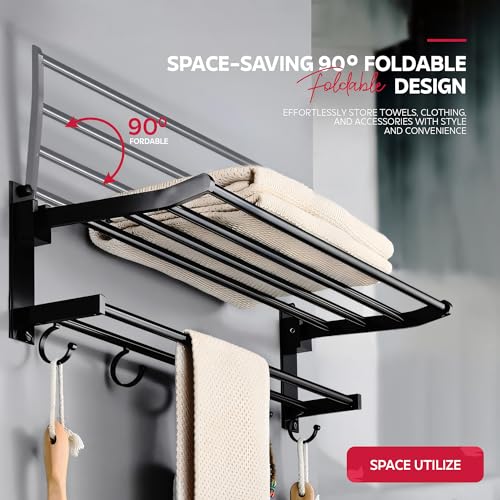 Image of MIORAH 24 Inch Foldable Aluminum Towel Rack for Bathroom - Wall Mounted Double - Tier Towel Holder with Rod & Hooks | Rustproof Black