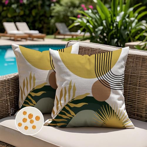Jayusaror Housse Coussin 40 x 40 Exterieur Impermeable Vert Jaune Boho Abstraites Géométriques Taie d'oreiller Modernes Décoratif Feuilles Tropicales Housses de...