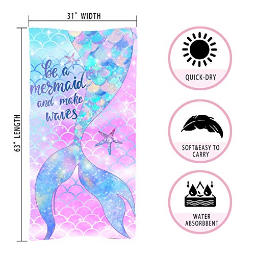 Hexagram Mermaid Beach Towel,Fantasy Mermadi Tail Microfiber Large Bath Towels for Girls, Quick Dry Kids Meraid Pool Towels Oversized 31\" x 63\" Blanket for Travel