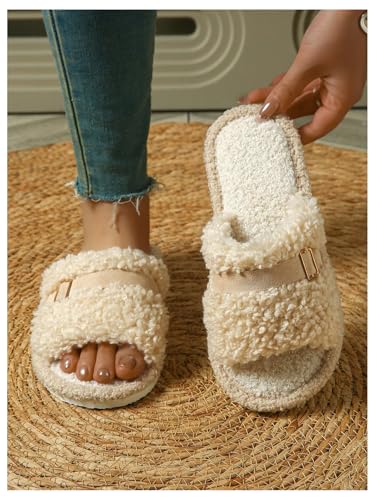 Women's Furry Fuzzy Slippers Buckle Open Toe House Shoes Bedroom3