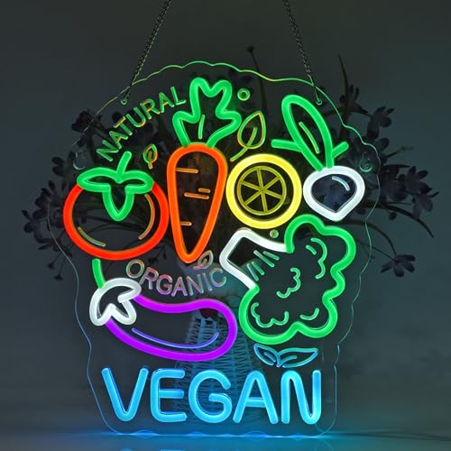 Image of Vegan Neon Sign,USB Powered Dimmable Wall Decor LED Light | Neon Lights Hanging Wall Art Decoration for Business Restaurant Shop Bar Cafe Party Home Decor,Ultra Bright,14.57x12.6inches