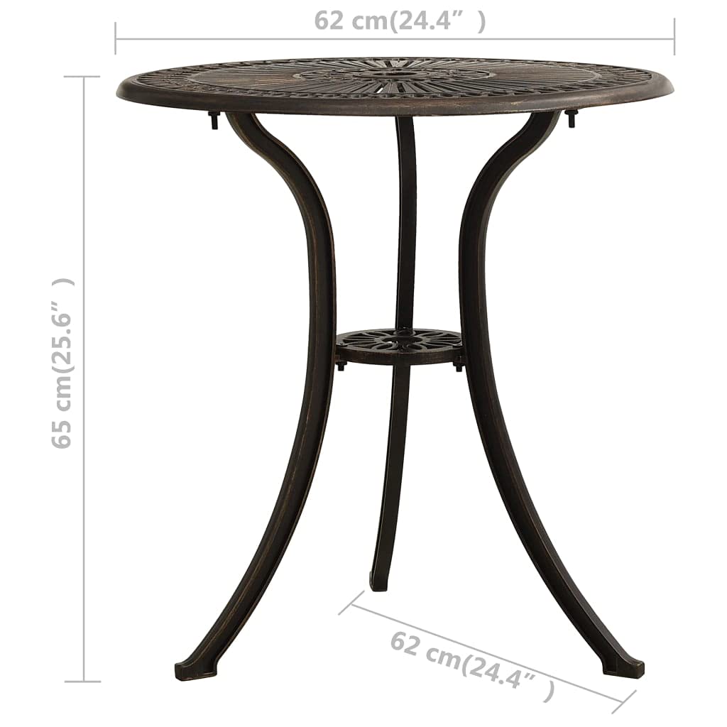 Générique Brązowy stół ogrodowy 62x62x65 cm z odlewanego aluminium, stabilny i solidny stół zewnętrzny z otworem na parasol na patio