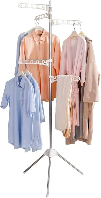 BAOYOUNI Foldable Clothes Drying Rack Collapsible Tripod Coat Hanger Corner Garment Storage Shelf Stand Portable Laundry Organizer Indoor Outdoor with 5 Adjustable Arms - Ivory