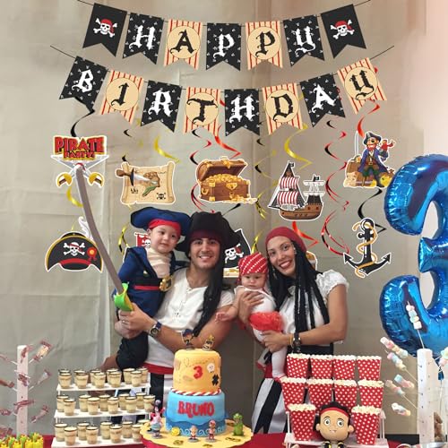 Image of Gameza Pirate Birthday Party Decorations 16PCS Hanging Swirl Banner | Pirate Hanging Swirl Banner Decoration, Birthday Party Ceiling Wall Streamer Decor