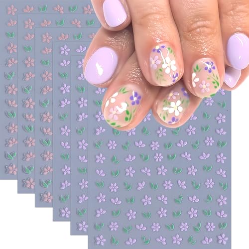 6 Sheets Pink Purple Flower Nail Stickers Spring Summer Floral Nail Art Stickers Cute Green Leaf Stickers for Nails Design Glitter Small Flower Nail Decals Nail Supplies DIY Nail Decoration for Women
