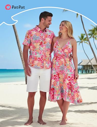 Image of PATPAT Couples Matching Outfits Hawaiian Women Dresses & Men Shirts | Matching Cruise Outfits for Couples, Beach Vacation Outfits, Spaghetti Strap Midi Sundress, Men Boho Tropical Print Shirt