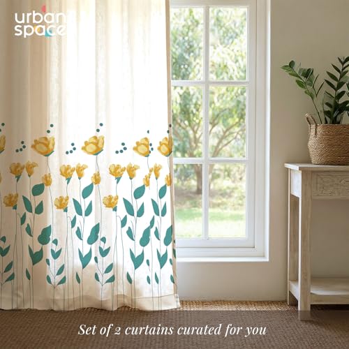 Image of Urban Space 100% Cotton Curtains 7 feet Long Set of 2, 60-65% Room Darkening, Decorative Curtains with Eyelets /Rings for Hanging, Tieback Included (Sunny Blooms Yellow, Door - 7 Feet)