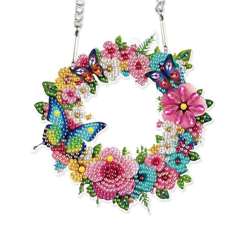 Image of AiYuanzsh 5D DIY Diamond Art Hanging Pendant Kit, Wreath Flower Butterfly Diamond Painting Ornament DIY Special Shaped Crystal Pendant for Door Wall Window Home Xmas Valentine's Day Gift