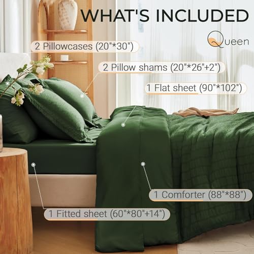 Image of MUXHOMO 7 Pieces Queen Comforter Set, Seersucker Bed in a Bag Queen Size, All Season Luxury Bedding Set with Comforter, Flat Sheet, Fitted Sheet, Pillowcases & Shams, Dark Green