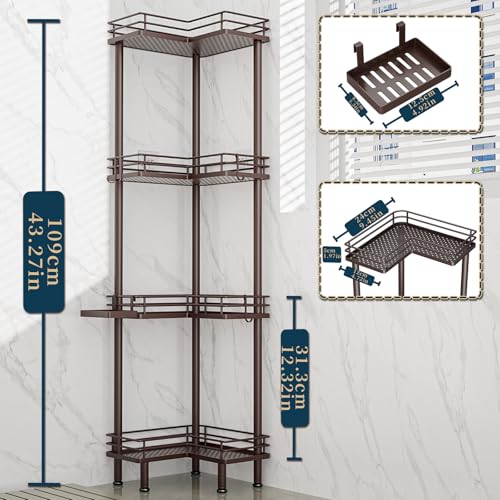 Image of Consumest Corner Shower Caddy Standing - 4-Tier Stainless Steel Shower Organizer with Soap Holder and 4 Hooks, Large Capacity Corner Shelf Stand for Bathroom, Rest Room, Bronze