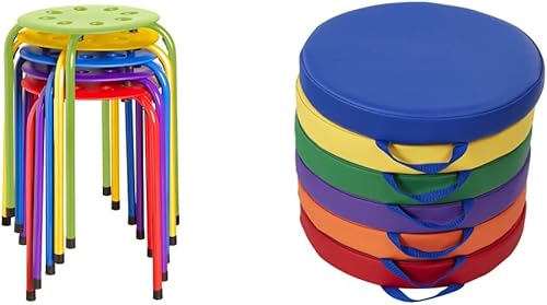 Norwood Commercial Furniture - Taburetes apilables coloridos para niños y adultos (17.75 pulgadas de altura) + cojines redondos SoftScape de 15