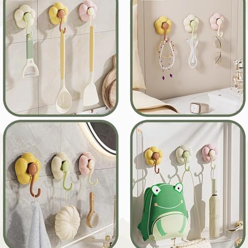 Image of House of Quirk No-Trace Vacuum Suction Cup Hooks | 3 Pack Heavy Duty Floral Wall Hooks for Bathroom, Kitchen & Door Back | Removable Reusable Storage Hangers (Multicolor)