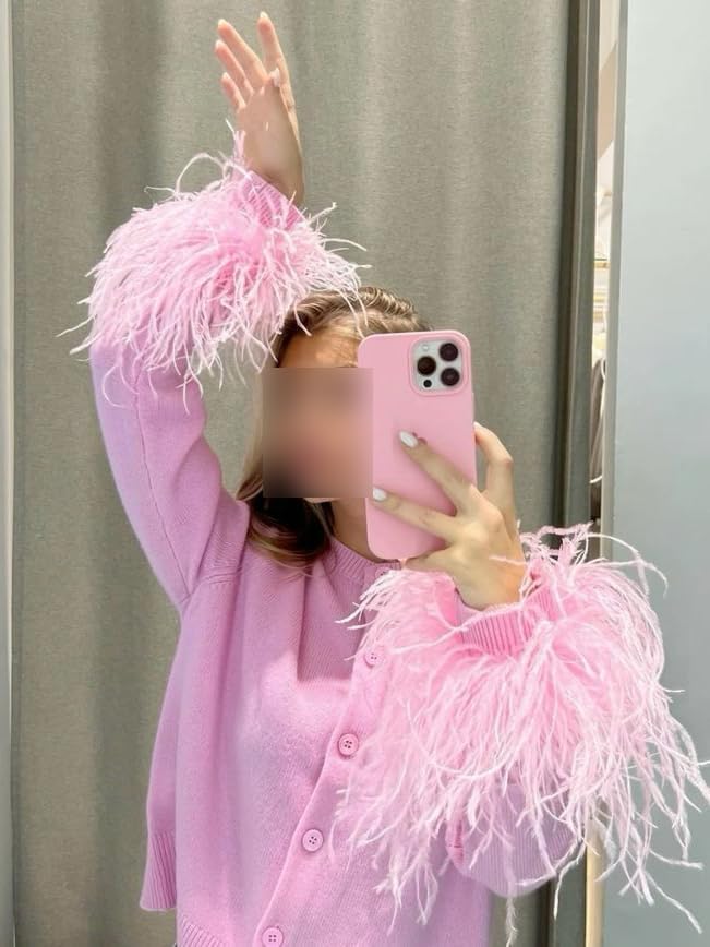 Women Feather Trim Fall Winter Knit Cardigan Y2k Button Down Long Sleeve Cropped Fur Jacket Holiday Rave Sweater Tops - Image 5