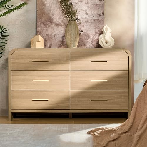Image of Curved 6-Drawer Dresser for Bedroom, 54 inch Wide Modern Chest of Drawers, Vanity Desk TV Stand for Living Room, Closet Storage Drawers Organizer Furniture, Nursery, Hallway, Gray Oak