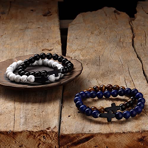 sailimue 8 Pcs Cross Bead Bracelets for Women Men 8mm Tiger Eye Lava Rock Stone Stretch Elastic Cross Bracelet Set4