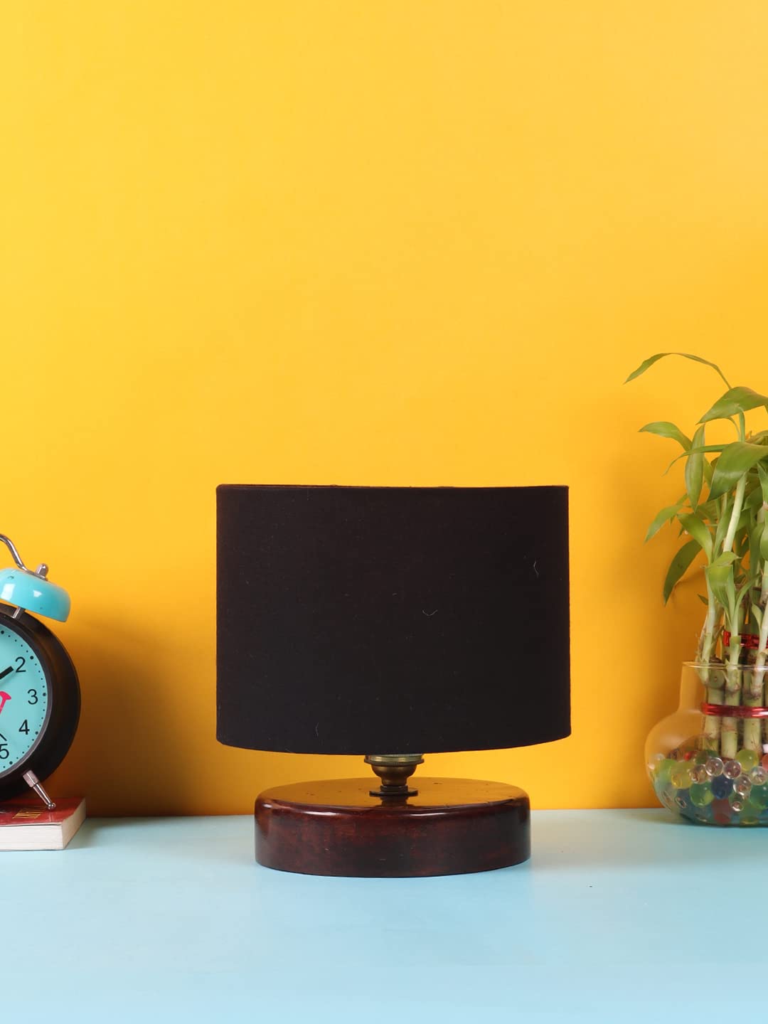 AMDHOME Black Cotton Table lamp with Wood Brown Wood Base12