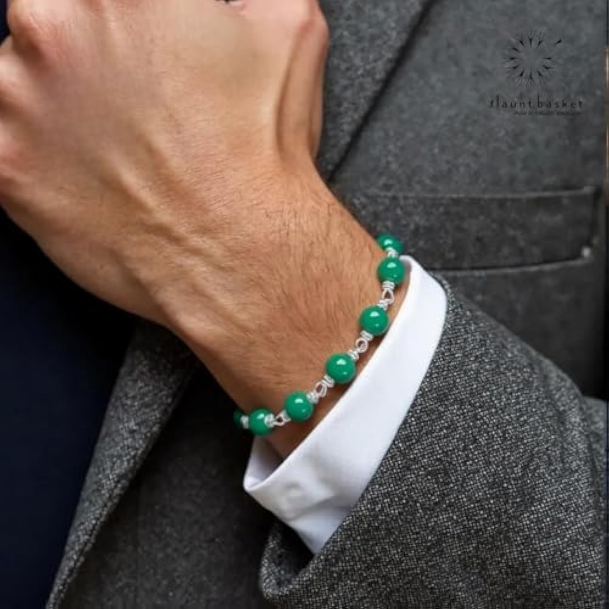 Unisex Green Jade Bracelet with Sterling Silver Style