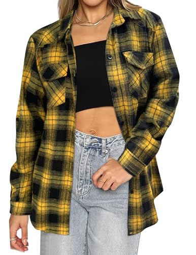 HOTOUCH Women's Long Roll Up Sleeve Cotton Flannels Plaid Shirts Classic Fit Button Down Shirt Blouses with Pockets