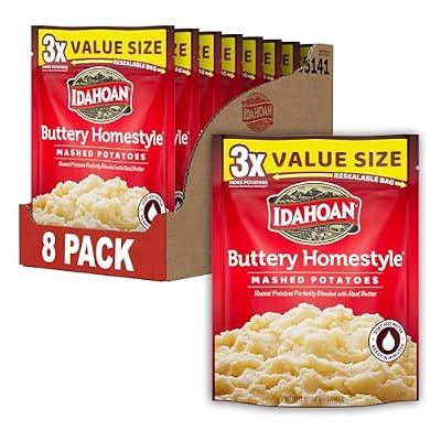 Idahoan Buttery Homestyle Value Size Mashed Potatoes, Naturally Gluten-Free, 100% Real Idaho potatoes, No Artificial Flavors or Dyes, 12 servings per bag, 12 oz (Pack of 8)
