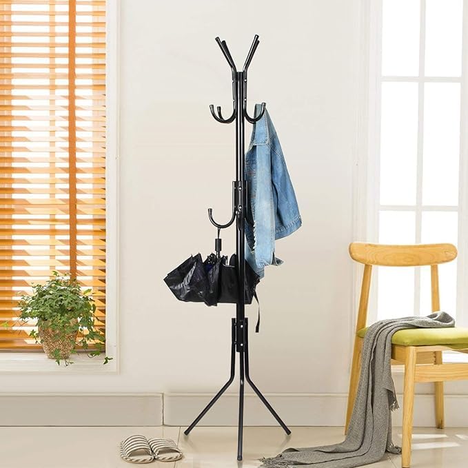 Clothes Rack 6 Hook Metal Coat Hanger Standing Shelf Unit Clothes Hanging Stand Iron Pole for Home, Bedroom Space Saver Storage Organizer Rack for Garments, Scarf, Bag, Umbrella (Black/170 x 42cm)
