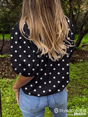 Image of Tankaneo Womens Button Down Shirts Puff Sleeve Tops Summer Cotton Blouses | Loose Fit, Boxy, Dressy Casual, Collared, Short Sleeve, Solid Color, Striped, Plaid, Polka Dots