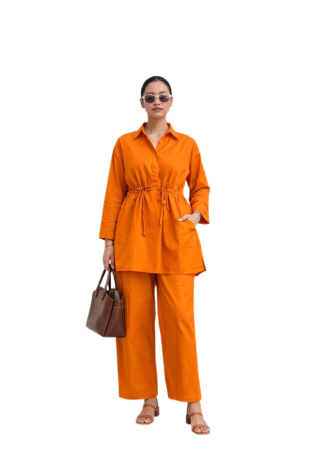 label by anuja Candy Orange Elastic Coordinated Set Womens Loose Fit Shirt Pant Outfit-picture-20