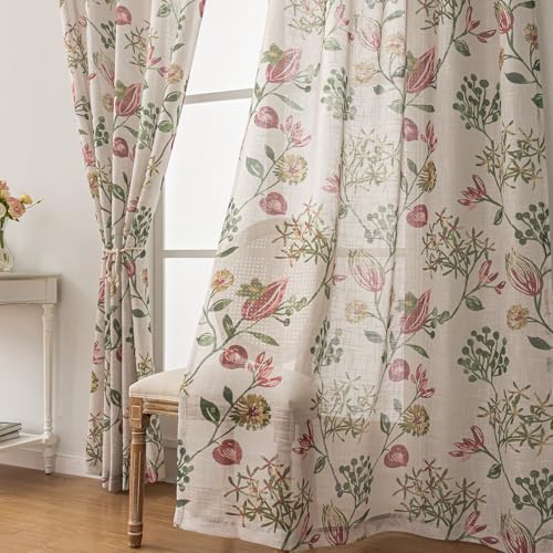 Image of SUOUO Red Jacobean Floral Semi Sheer Curtains 84 Inches 2 Panels Rod Pocket | Linen Textured,Light Filtering,Patterned Green Vine Botanical,Vintage Farmhouse Cottage,Window Drapes for Living Room Bedroom