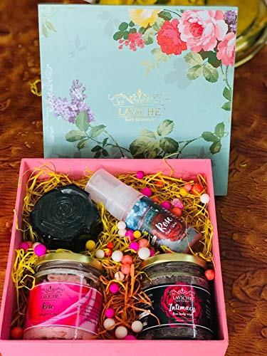 Laviche Bath Essentials Rose Box(Charcoal rose soap, Rose face wash, Rose Whipped Soap, Intimacy Rose Body Scrub, Wooden Box)|Bath And Beauty Kit For All Skin Type-picture-12