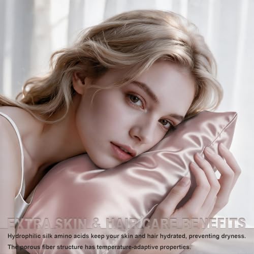 Image of LYSHIN Pink Silk Pillowcases 2 Pack Queen Size with Zipper | 19 Momme Mulberry Silk Pillow Cases for Skin and Hair, Anti-Acne, Hypoallergenic, Cooling, Beauty Sleep, Gifts for Women
