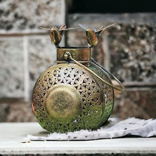 Wudnik Crafts Metal Decorative Round Shaped Tea Light Holder with Bird Stand Showpiece |Lantern | Candle Stand | Home Decor | Antique Gold Netted Style |Gift| 1 Piece
