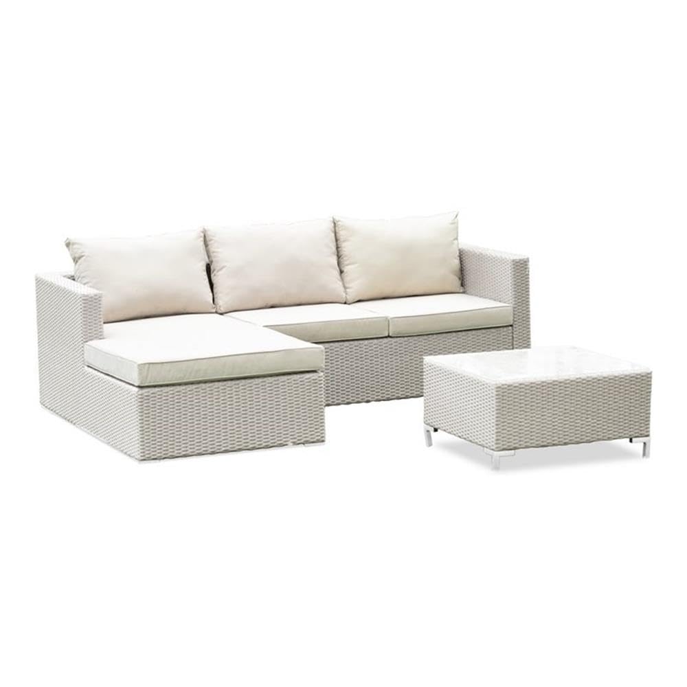 East West Furniture ACL3S03A 3 Piece Patio Furniture Set - Outdoor Sectional Sofa Set Contains a Rectangle Glass Top Bistro Wicker Tea Table and Linen Fabric Cushion , 63x87 Inch, Natural Linen