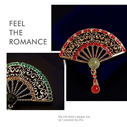 Image of Pearl Fan Brooch Chinese Fan Brooch Rhinestone Pearl Brooch for Women Lady Girl