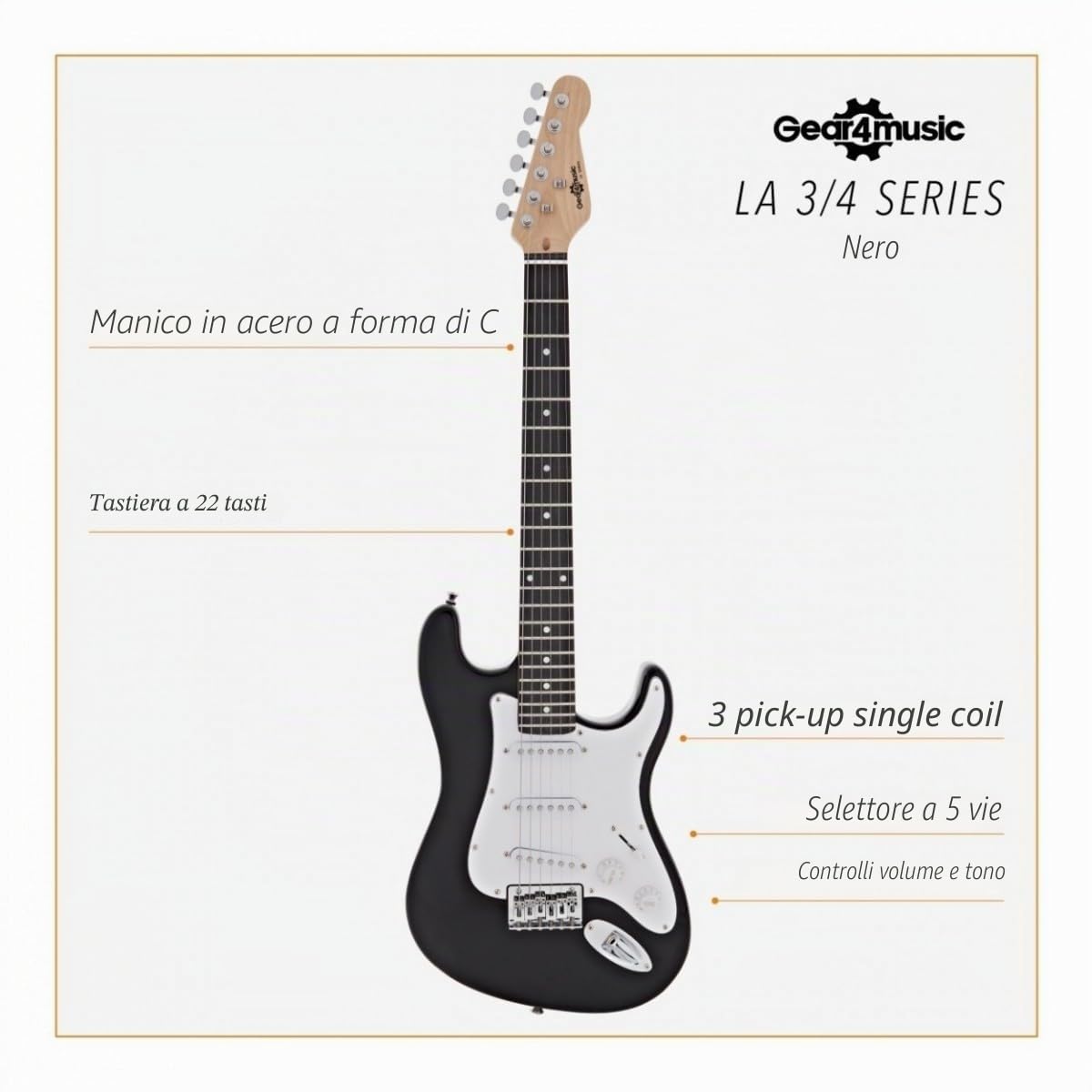 3/4 chitarra elettrica LA MiniPacchetto con Amplificatore nero | Per giovani musicisti, 3 pickup single coil con selettore a 5 posizioni, mini ampli portatile 3W