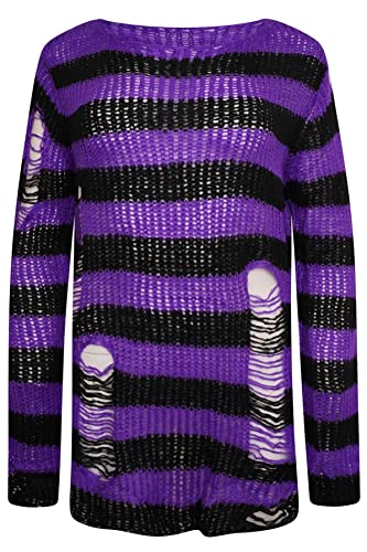 Image of Ro Rox Gothic Knitted Jumper with Distressed Look - Oversized Pullover Ripped Design, Loose Fit, 90s Grunge Stripe Pattern