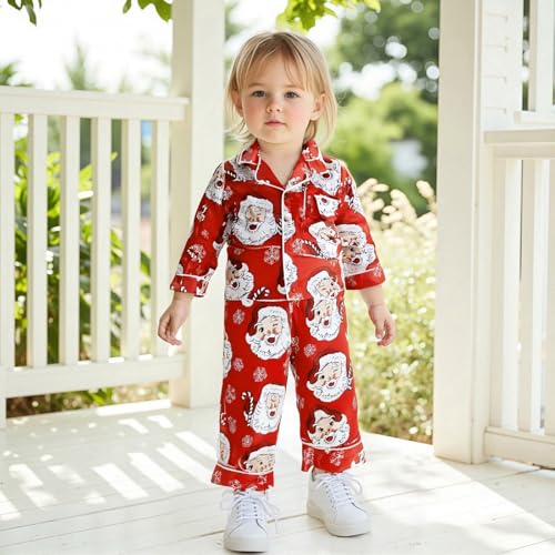 One opening 2-6T Little Girl Christmas Pajamas Set Santa Button Down Shirts Tops Long Pants Girls Pjs Set Loungewear Sleeper3