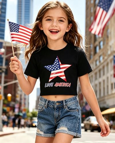 Image of Tkria Girl Crop Tops July 4th Crewneck Tshirt American Flag Patriotic USA Flag Girls Outfit Clothes Size 6-14