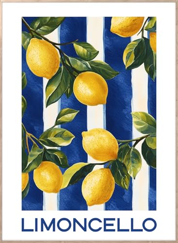 STYLER Tableau avec cadre Limoncello 50 x 70 cm – Décoration murale citrons et rayures bleu blanc – Affiche méditerranéenne rétro – Cadre en bois...