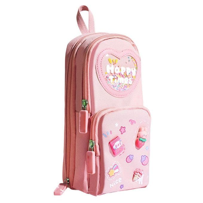 SAJANI Three Layer School Bag-Shaped Pouch, Large-Capacity Pencil Pouch with Zipper, Multipurpose Pen & Pencil Pouch for School Supplies for Boys & Girls (Pack of 1) (Pink)