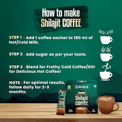Image of Bevzilla Himalayan Shilajit Coffee Powder Sachets | 100g (40 Sachets x 2.5g) | 70% Fulvic Acid | Energy & Stamina Booster | Supports Muscle Recovery | 40 Cups | For Men & Women