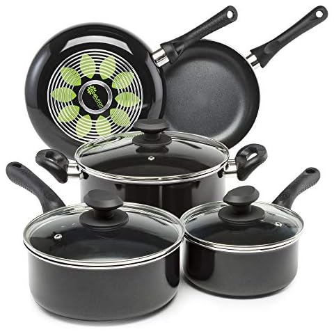 Ecolution Easy to Clean, Comfortable Handle, Even Heating, Dishwasher Safe Pots and Pans, 8-Piece Cookware Set, Black Cover