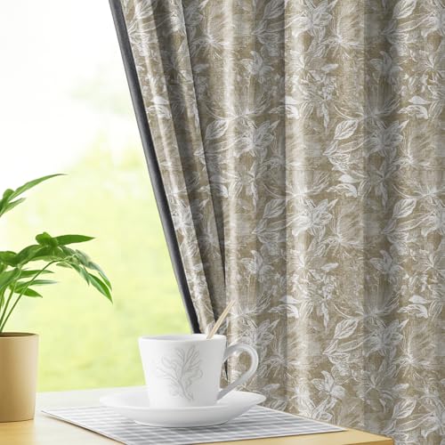 Image of LINENWALAS Printed Blackout Curtains for 5 Feet Window | Set of 2 | Printed Drapes | Thermal Insulated, Room Darkening Panels with Grommet Hanging for Living Room (Khakhi Flora)