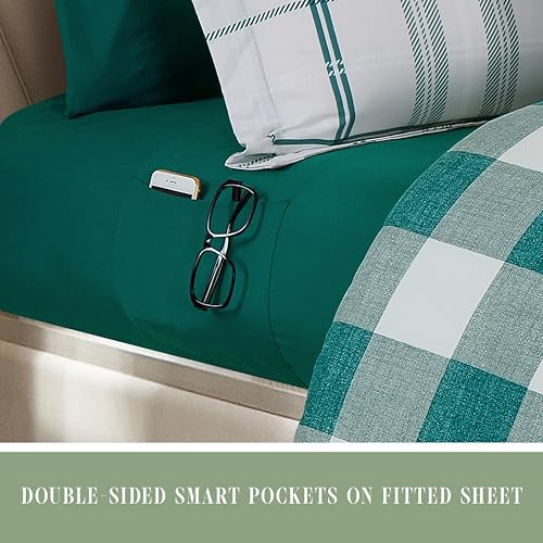 Image of Elegant Comfort 8-Piece Lodge Plaid Reversible Comforter Set - All Season Bed in a Bag, 4-Piece Sheet Set Featuring Smart Pockets, Matching Shams and Decorative Pillow, Twin /Twin XL, Sage