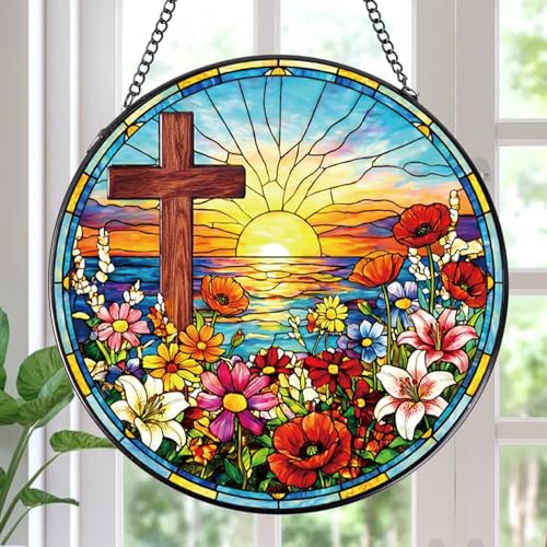 Rngmsi Cross Stained Glass Window Hanging 8 Inch Wildflower Sunset Sun Catcher Gift Religious Easter Faith Christian Gifts for Wall Art Hanging Decorations