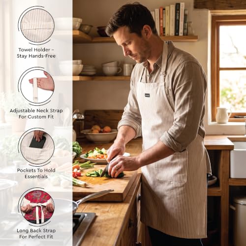 Image of Encasa XO 100% Cotton Apron Set for Women & Men with Adjustable Apron, Oven Gloves & Pot Holder (Pack of 3) Combo, Heat-Resistant, Soft & Durable for Cooking, Baking & Grilling (Ticking Beige)